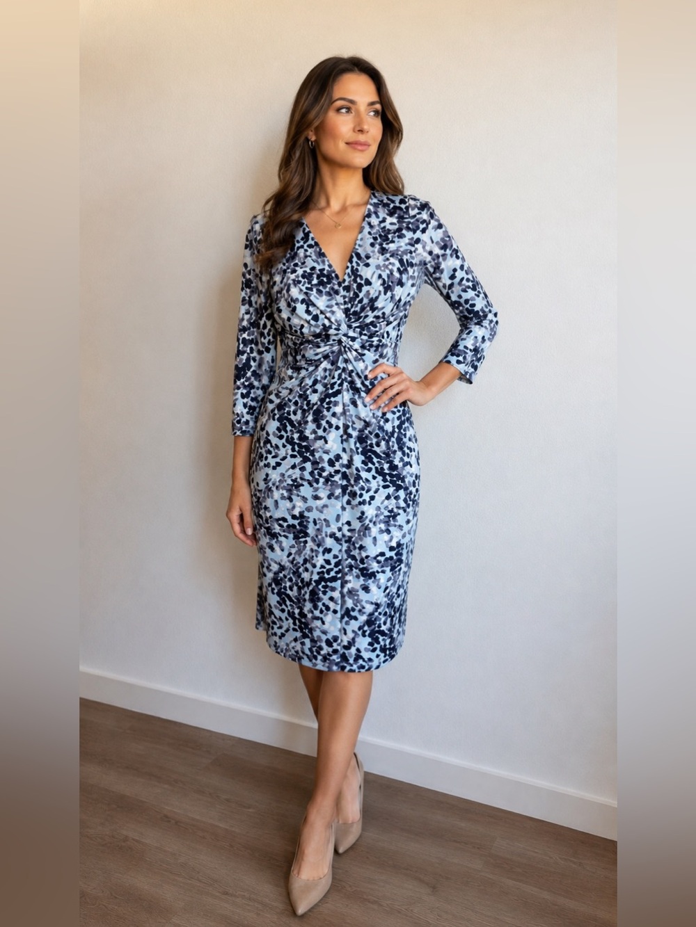 NWT Donna Karan New York Blue Navy Animal Print Faux Wrap Midi Dress Sz 8